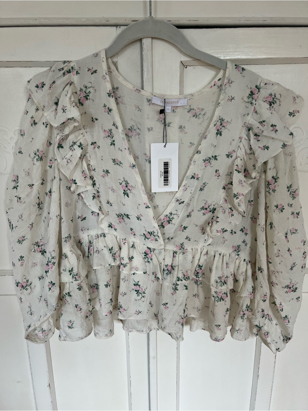 Olivaceous Floral Ruffle Peplum Blouse - Pink on Cream -